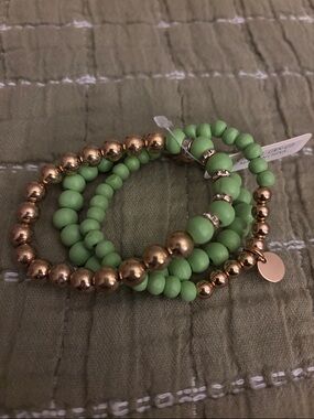 Green and Gold Beaded Stretch Bracelet Set - Women Jewelry